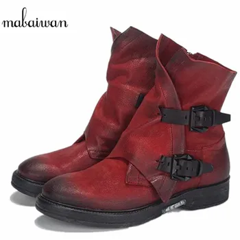 

Mabaiwan Fashion Women Shoes Military Cowboy Boots Retro Genuine Leather Shoes Women Winter Snow Ankle Boots Riding Buckle Flats