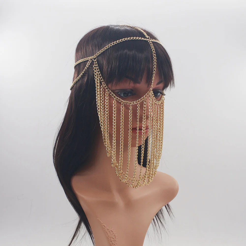 BeUrSelf цепь-маска для лица Женская Серебряная Золотая Крышка для лица кисточка алюминиевая цепочка на голову лицевая вуаль слой Жгут украшения для тела головной убор