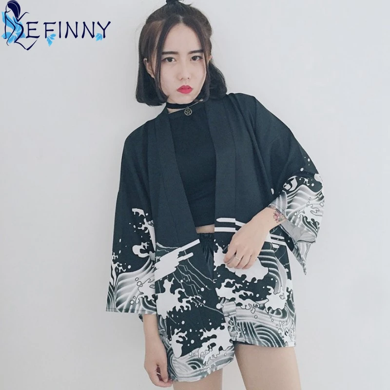 

2019 Outwear Top Female Novelty Vintage Dragon Summer Waves Printed Chiffon Kimono Protection Shirt Ladies Clothing Outerwear