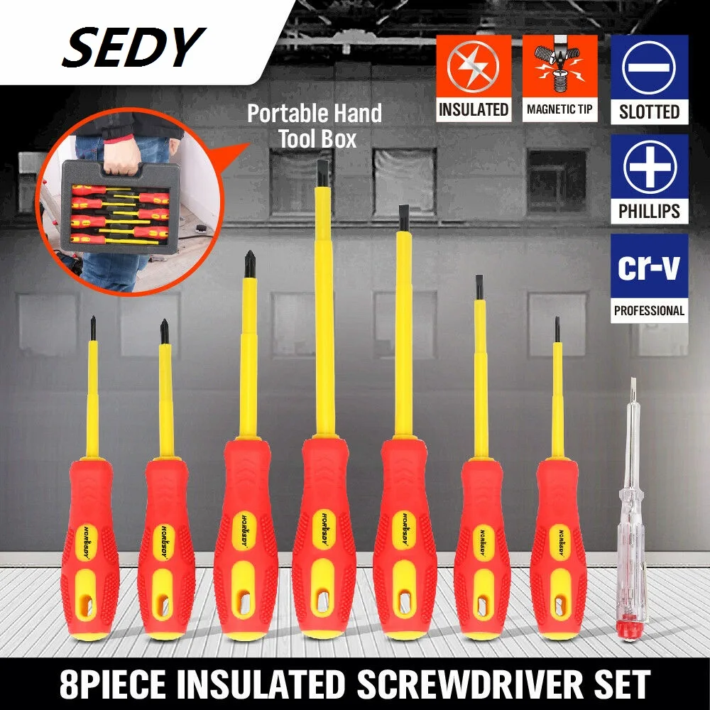 

SEDY 8Pcs Insulated Screwdriver Set Magnetic Screwdriver Bit Set Magnetic Slotted Phillips Electricians With Case Hand Tools