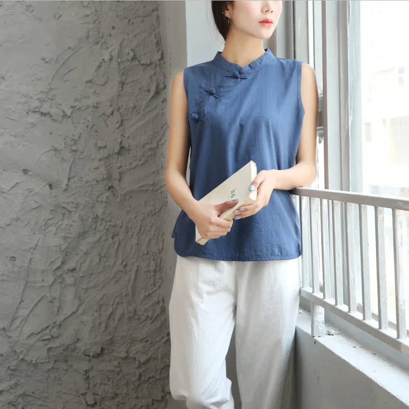 

Ejqyhqr Traditional Chinese Style Shirt Women Mandarin Collar Fog Button Sleeveless Blouse Cotton Linen Summer Shirt Women Tops