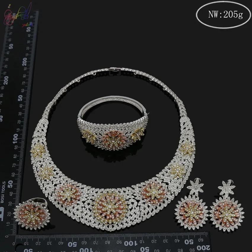 Yulaili Новое поступление кубический цирконий Duabi кристалл цветок покрытие ожерелье браслет серьги кольцо Ювелирные наборы для женщин Свадьба