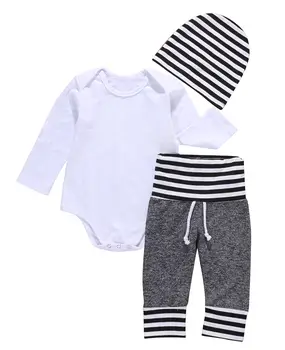

Newborn Toddler Kids Baby Boy Girl Clothes Set Outfit White Solid Long Sleeve Bodysuit Hat Tops Pants Children Clothing 3PCS Set