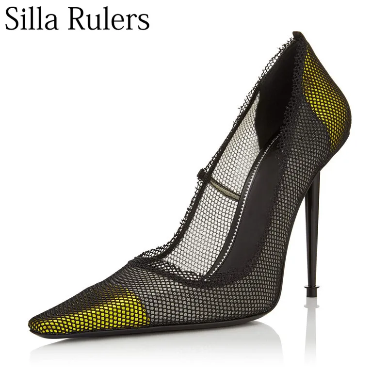 

2019 new arrive black mesh thin high heels pumps women pointed toe slip one Stilettos ladies party shoes runway sapato feminino