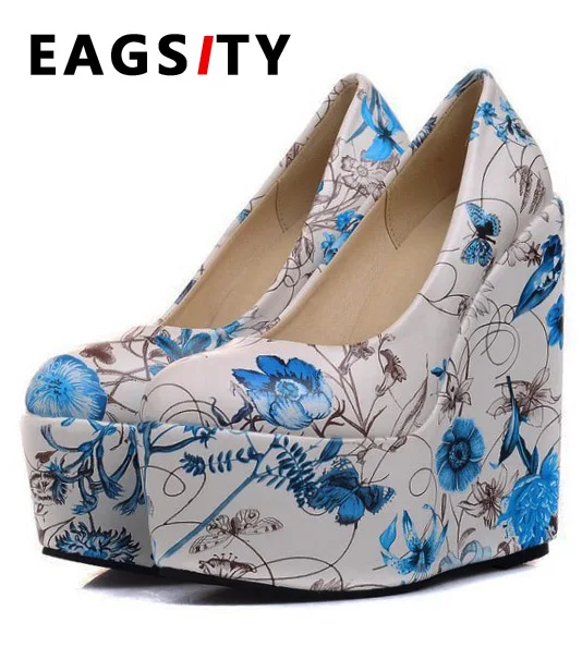 

2017 spring super high wedges shoes round toe party slip on women high heel shoes fashion flower print lady pumps 15cm height