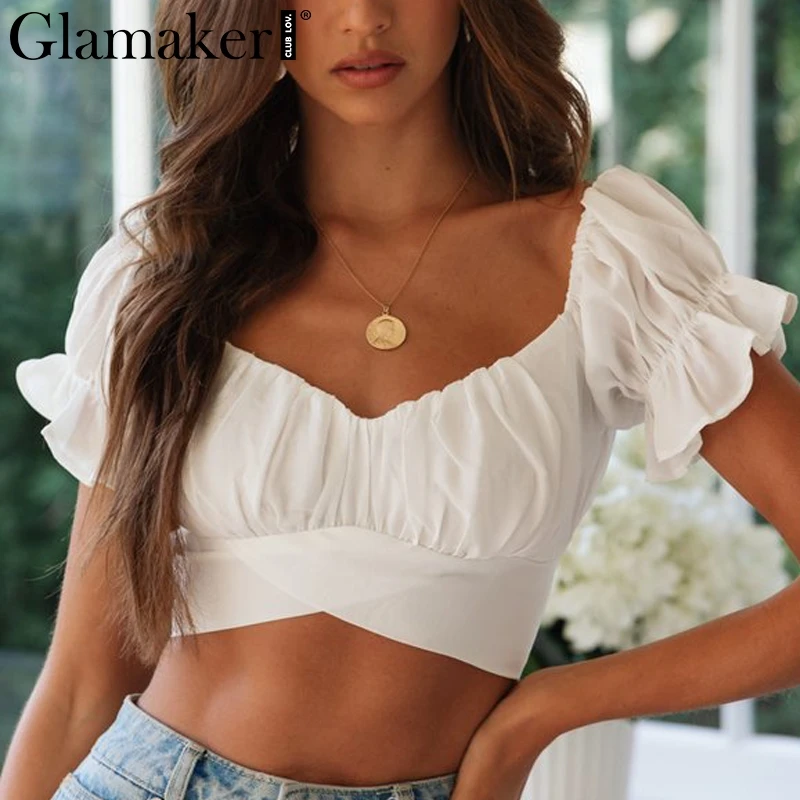 

Glamaker Off shoulder sexy ruffles crop top Women elegant holiday slash neck tank top Summer casual streetwear party tops cami