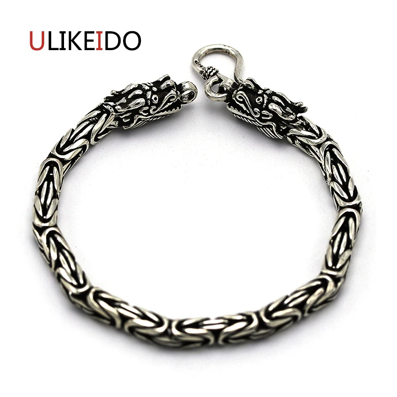 

100% Pure 925 Sterling Silver Bracelets Men Vintage Hand Chain Heavy Thai Silver Jewelry Cross Charm Dragon Bracelet Homme 586