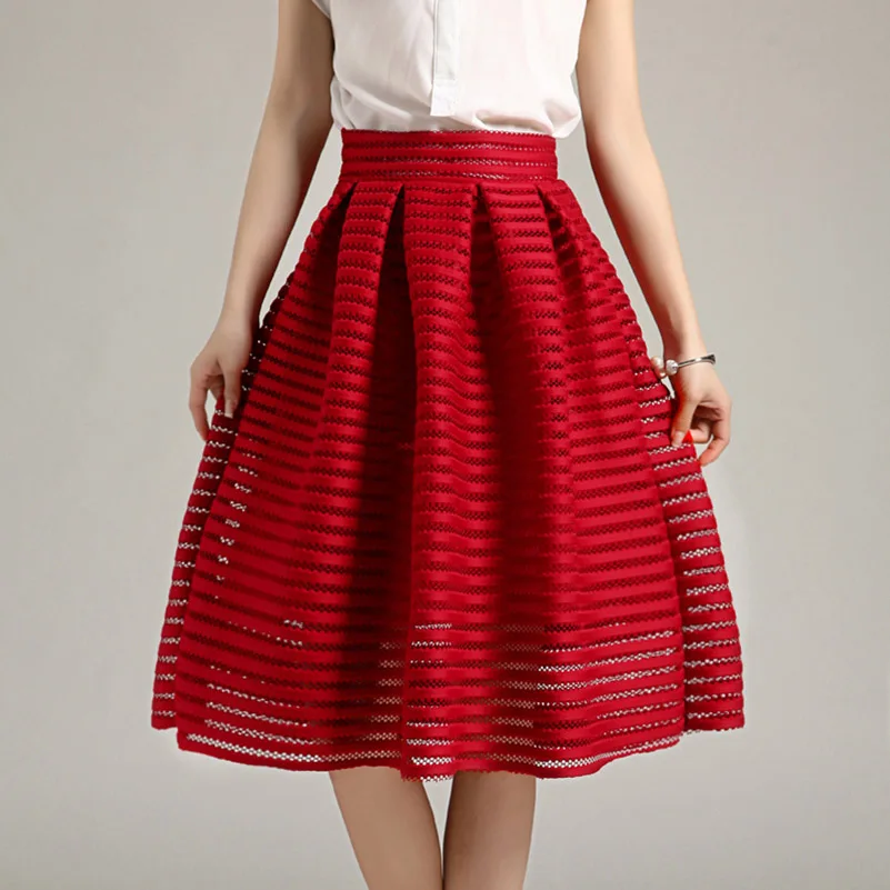 2015 Large Size Summer Style Vintage Skirt Solid Reds Women Skirts Casual Hollow Out Fluffy Pleated