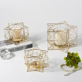 

Golden Yellow Iron Candlestick Candle Lamp European Geometric Model Home Furnishing Dinner Decor Props Ornaments