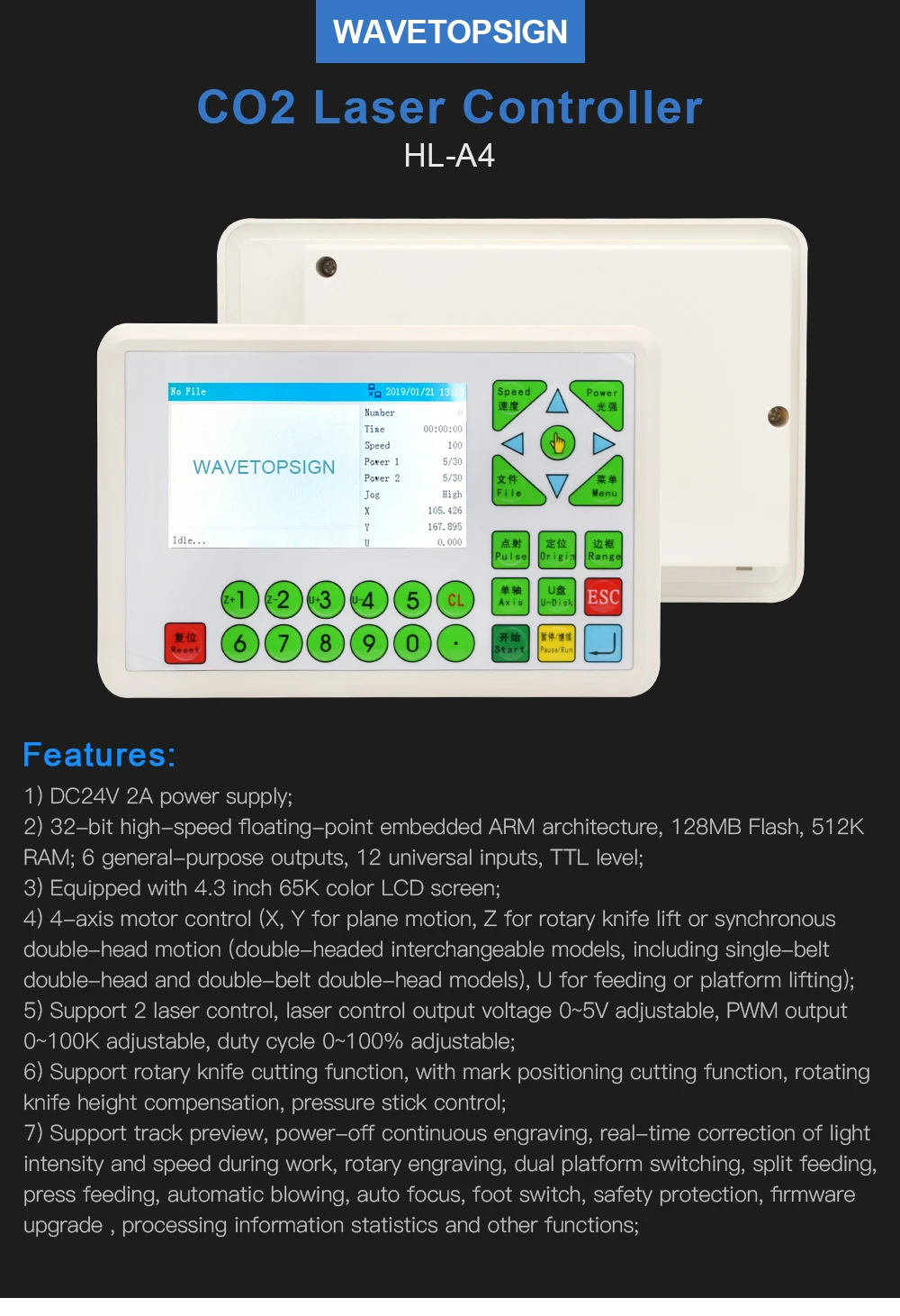 WaveTopSign CO2 система лазерного контроллера HL-A4 24 В 2А использование для лазерной гравировки и резки веб-функции