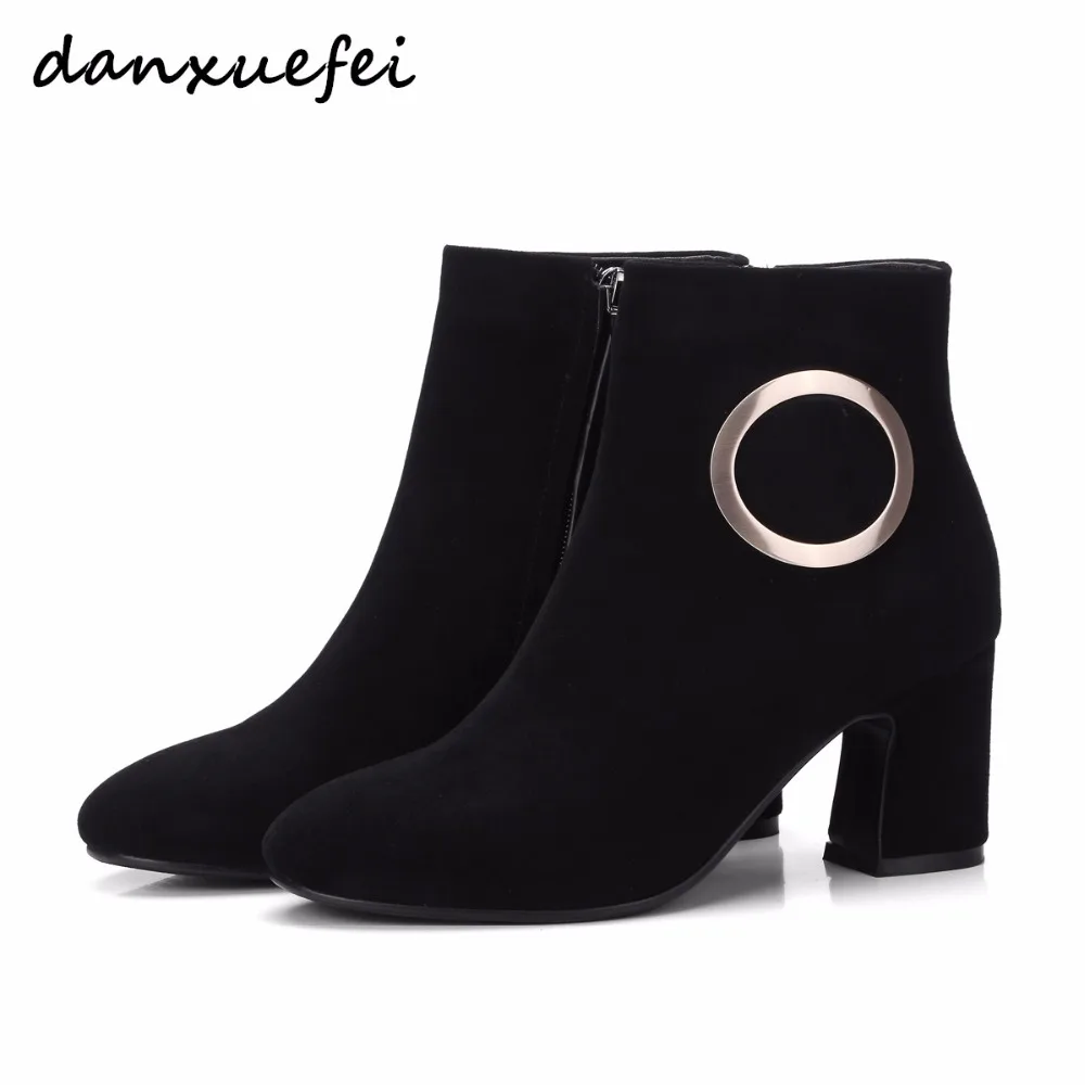 

Women's Genuine Suede Leather Metal Buckle Med Heel Comfortable Ankle Boots Brand Designer Square Toe Short Booties Shoes Women