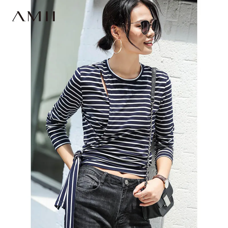 

Amii Women Minimalist 2019 Autumn T-Shirt Chic Striped Hollowed Bandage Long Sleeve Female Tee Tops Coat