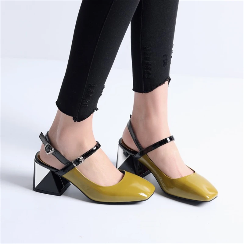 Ouqinvshen Hoof Heels White Summer Shoes Women Square Toe Buckle Mixed Colors Sandals Fashion Women Sandals 2018 6CM Big Size Ouqinvshen Hoof Heels White Summer Shoes Women Square Toe Buckle Mixed Colors Sandals Fashion Women Sandals 2018 6CM Big Size