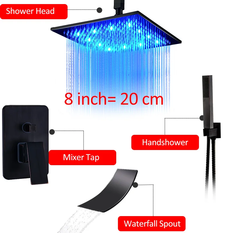 Quyanre черный ORB светодиодный скрытый смеситель для душа набор душ со светодиодной подсветкой головка Водопад Носик 3-Way Смеситель кран Ванная комната Душ - Цвет: 8 inch full set