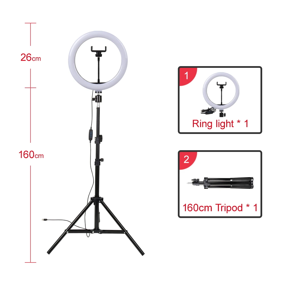 Yizhestudio Muti-funcation 10 дюймов 26 см светодиодный кольцевой светильник для селфи для фотосъемки видео живой макияж лампа с держателем для телефона камеры - Цвет: 1.6M