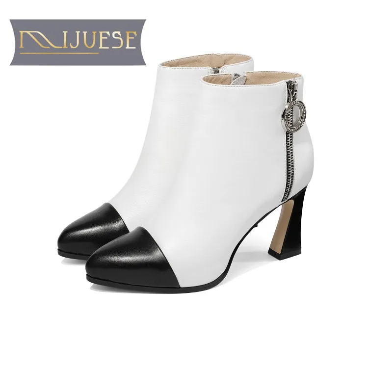 

MLJUESE 2019 women ankle boots cow leather mixed colors zippers winter warm boots hoof heels high heels women boots