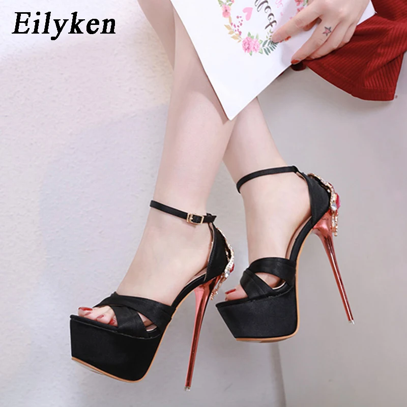 

Eilyken Summer High Heels Sandals Women 2019 Crystal Peep Toe Ankle Strap Footwear Silver Platform Sandals Wedding Shoes Female