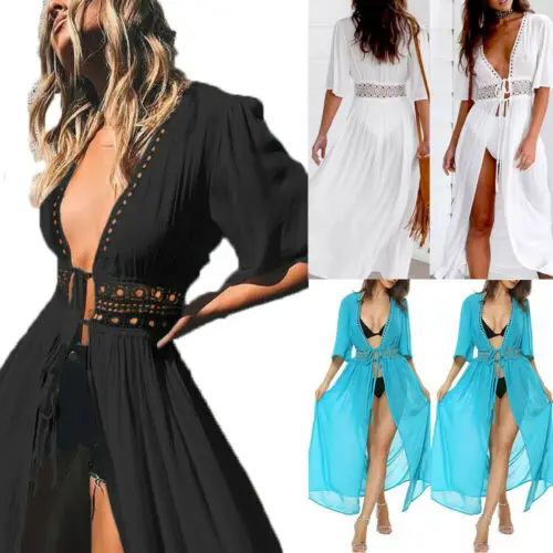 Fashion Nova Women's Solid V-neck High-waist Half-sleeve Lace-up Long Cover-up Dress Summer Casual Bikini Swimwear Dress S-3XL