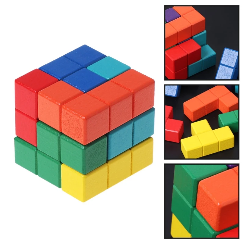 High Quality Tetris Magic Cube Multi-color 3D Wooden Puzzle Educational Brain Teaser Game JUN5-B