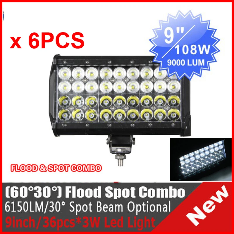 

6PCS 9" 108W CRE 36LED*(3W) Driving Work Light Bar Offroad SUV ATV 4WD 4x4 Spot(54W) + Flood(54W) Combo Beam 9-32V 9000lm 4 Row