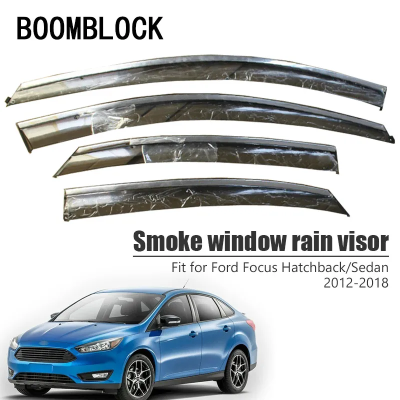 BOOMBLOCK 4pcs Car Covers Window Visor Sun Rain Wind Deflector Awning Shield ABS For Ford Focus