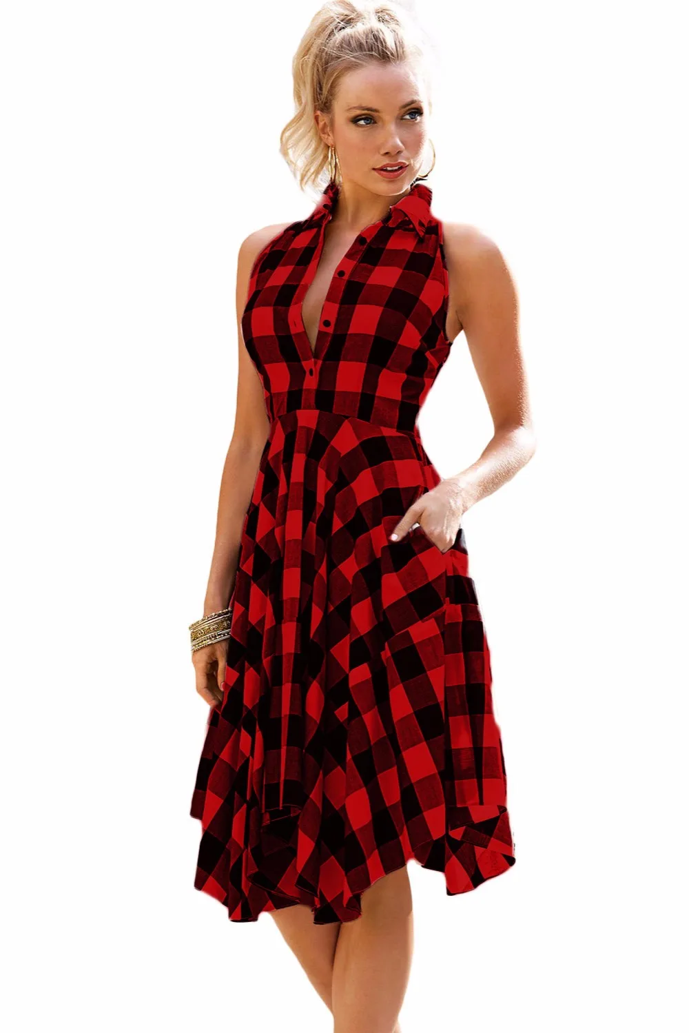 Sleeveless Turn down Collar Knee Length Dress 2017 Ladies Plaid Print