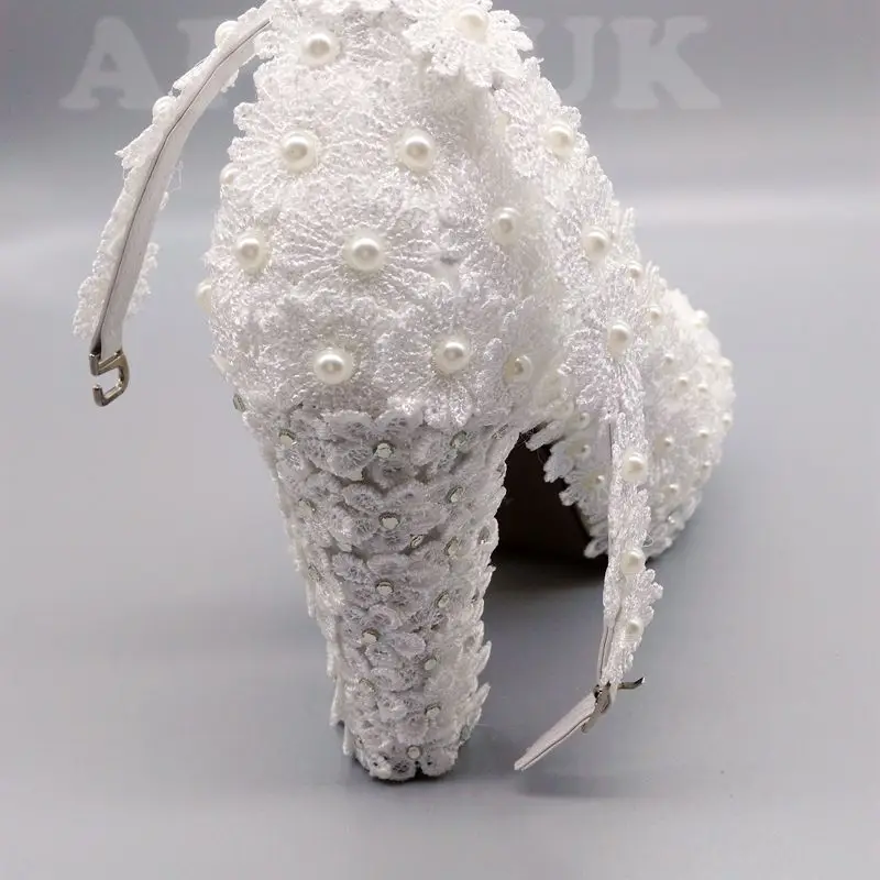 11cm super high block heels ivory lace pearls wedding shoes bride ankle strap handmade chunky heeled brides wedding pumps shoe