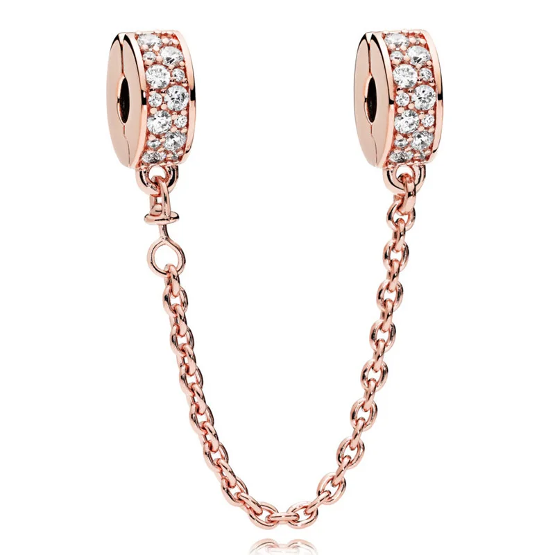 

New 925 Sterling Silver Bead Charm Rose Gold Shining Elegance With Crystal Safety Chain Bead Fit Pandora Bracelet Diy Jewelry