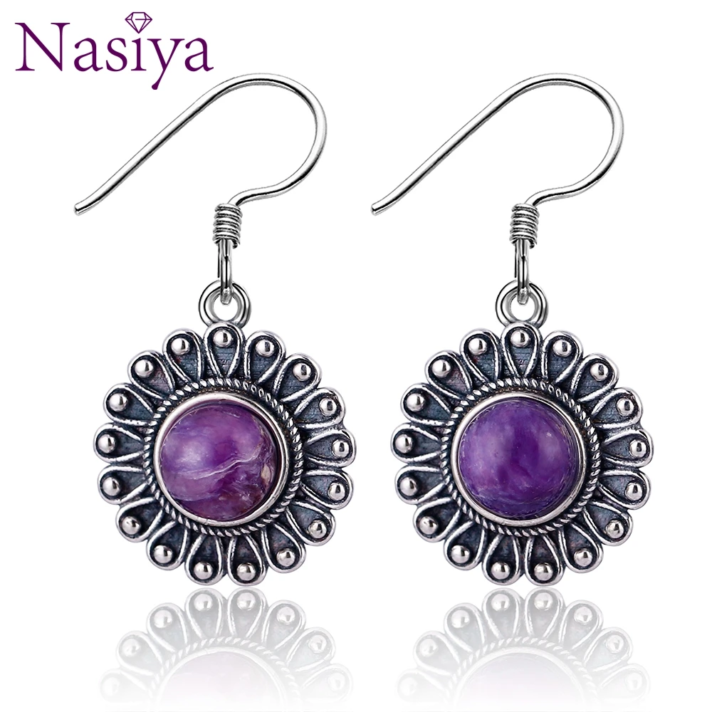 Nasiya модный винтажный стиль Природный чароит бусины драгоценный камень для женщин серьги ювелирные изделия из стерлингового серебра свадебный подарок