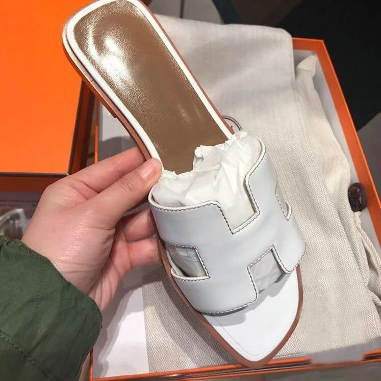 

brand women sandal flat slipper H logo genuine leather female flat-bottomed sandals with water drill summer sandal 35-41 box