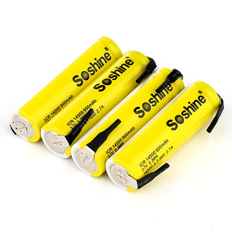 4 шт SOSHINE Li-Ion 14500 AA 900MAH 3,7 V Высокая дренажная перезаряжаемая батарея с вкладкой точечная сварка+ батарейный отсек для хранения