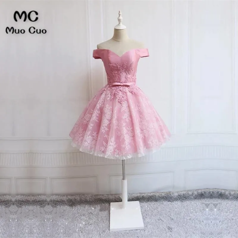 Elegant Pink Lace Appliques Satin Off The Shoulder Homecoming Dress Short Prom Dress2