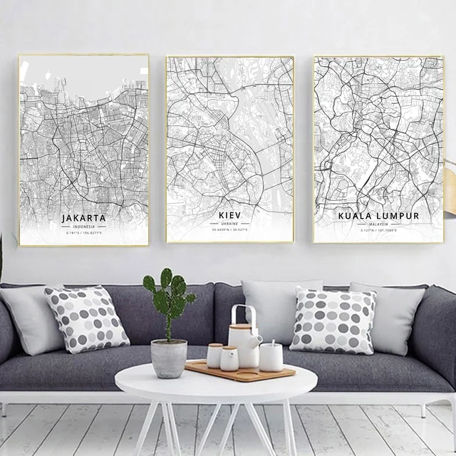 

Modern Famous World City Map Jakarta Kiev Kuala Lumpur City Poster Nordic Living Room Wall Art Picture Home Canvas Painting