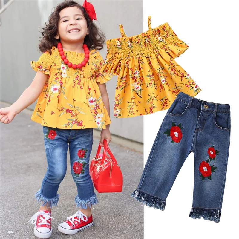 

Keelorn Kids Girls Clothing Set 2019 Summer Brand Girls Clothes Floral Print Short Sleeve Shirt+Denim Pant 2Pcs Children Clothes