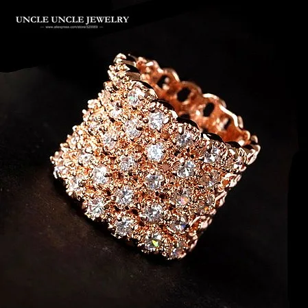 

Top Quality Luxury Rose Gold Color Zirconia Crystal Fully Paved Hollow-out Wide Woman Finger Ring Wholesale Party Perfect Gifts