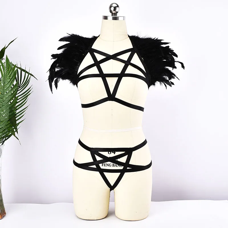 Harajuku перья жгуты в форме пентаграммы комплект Топы готическом стиле Bralette + нижнее