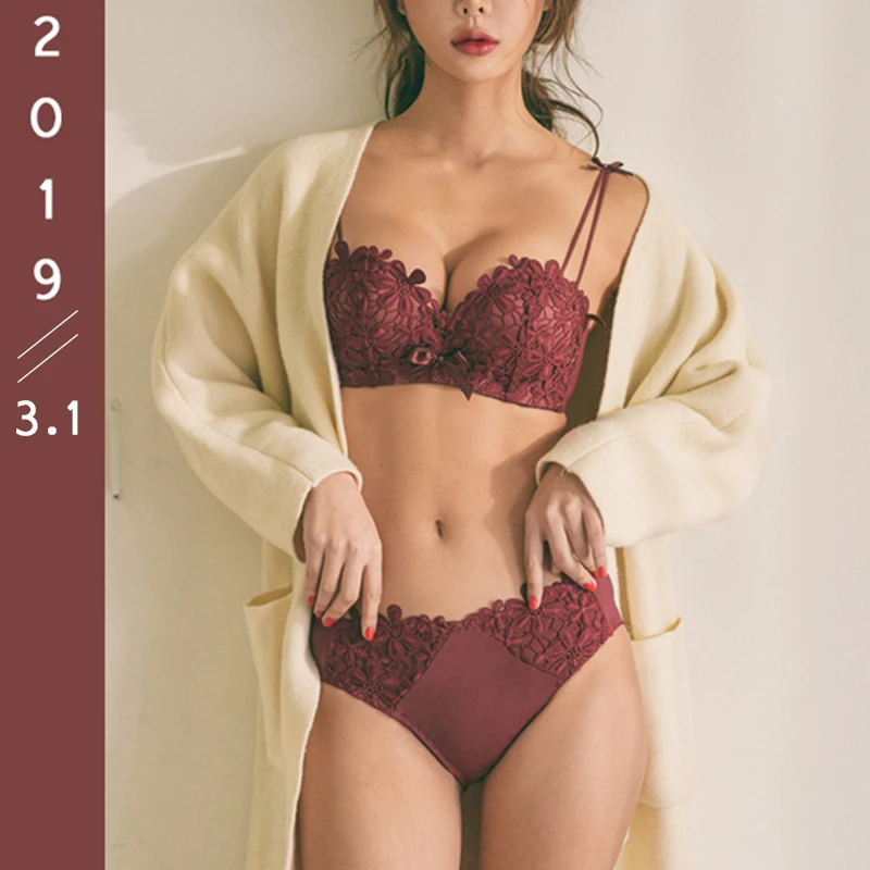 

Lace Push Up Bra And Panties Set Deep V Sexy Lingerie Bras For Small Breast Bow Embroidery Women Underwear Set Red Black A B Cup