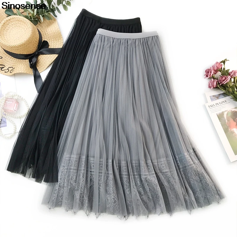

Sexy Long Tulle Skirt 2019 OL Work Office A Line Pleated Skirts Womens Tutu Femme Ladies High Waist Lace Plated Skirt Plisada