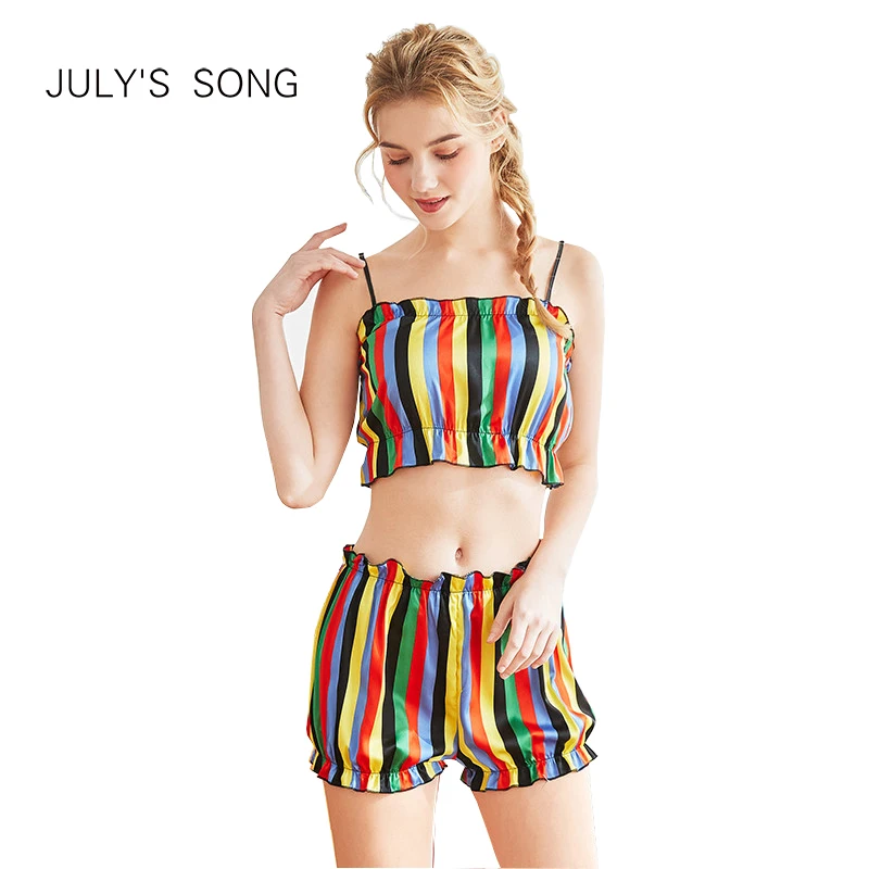 JULY'S песня Новый искусственного шелка Sexy пижамы женские летние завернутый груди шорты костюм из двух предметов Домашняя одежда слинг