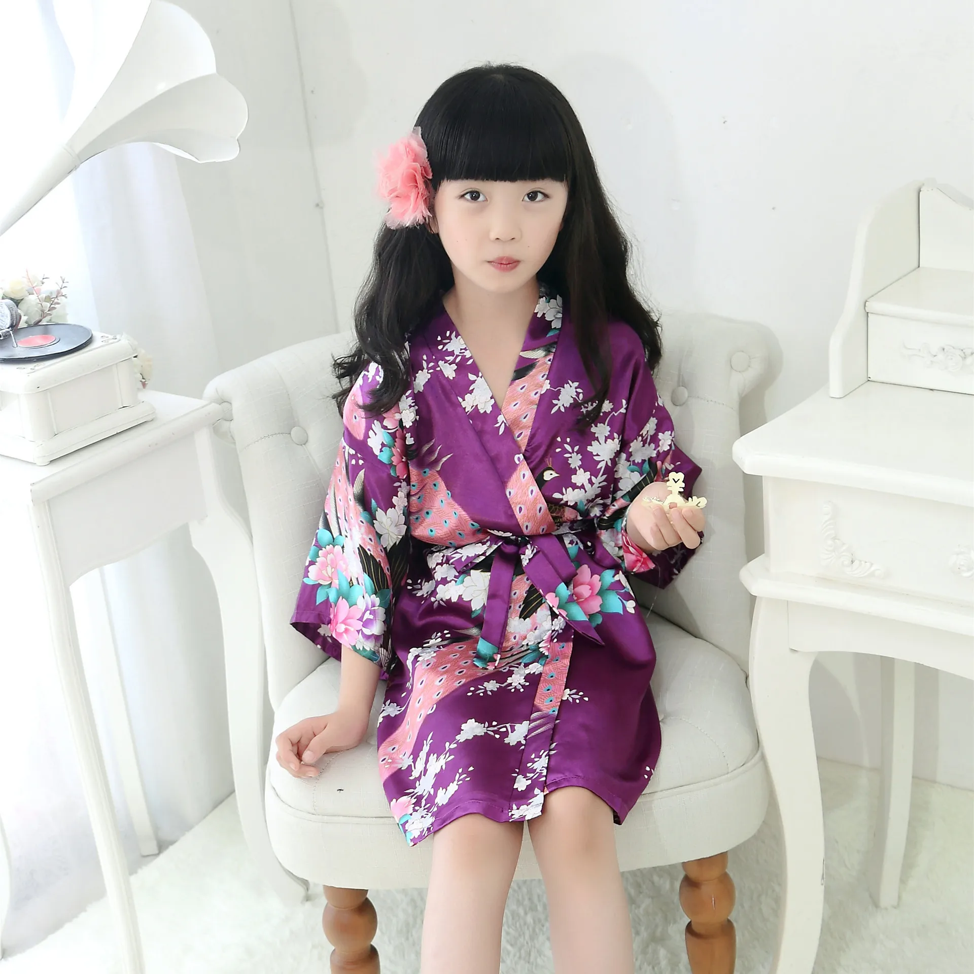 Шелковая пижама для девочек; детское кимоно с рукавом павлина; одежда для сна для девочек; детская ночная рубашка; одежда для сна; юбка для сна - Цвет: XYU34G