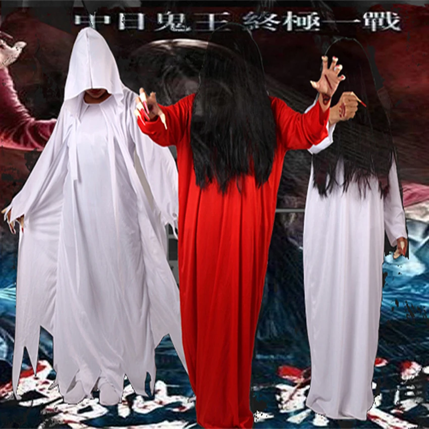 Halloween Scary Costume for Women Man Party Gothic Ghost Sadako Vampire Horror Terrify Gown Wig Room Escape Stage Performance