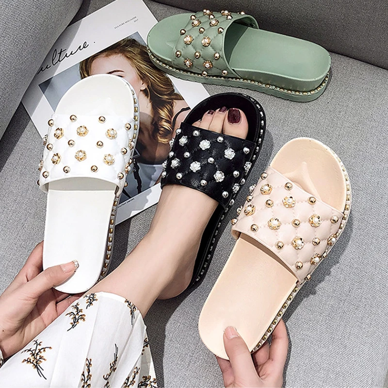 

2019 Spring New Fashion Rhinestone Slippers Sequin Beaded Slip On Women's Flat Shoes 1#15D50