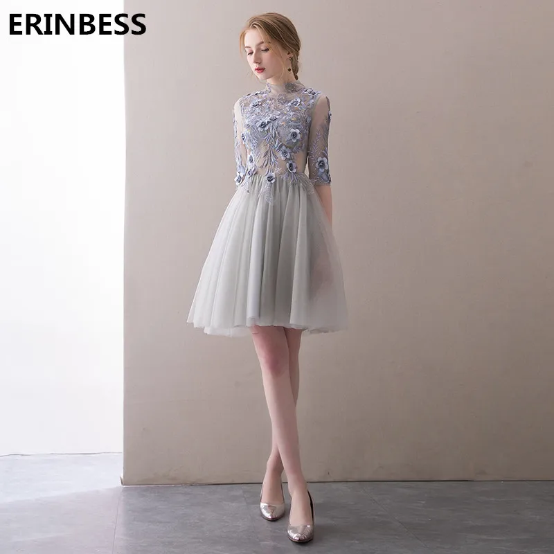 

Vintage Short Prom Dresses 2018 Vestido De Festa High Neck Women Formal Party Gowns For Women Half Sleeve Prom Dress Evening