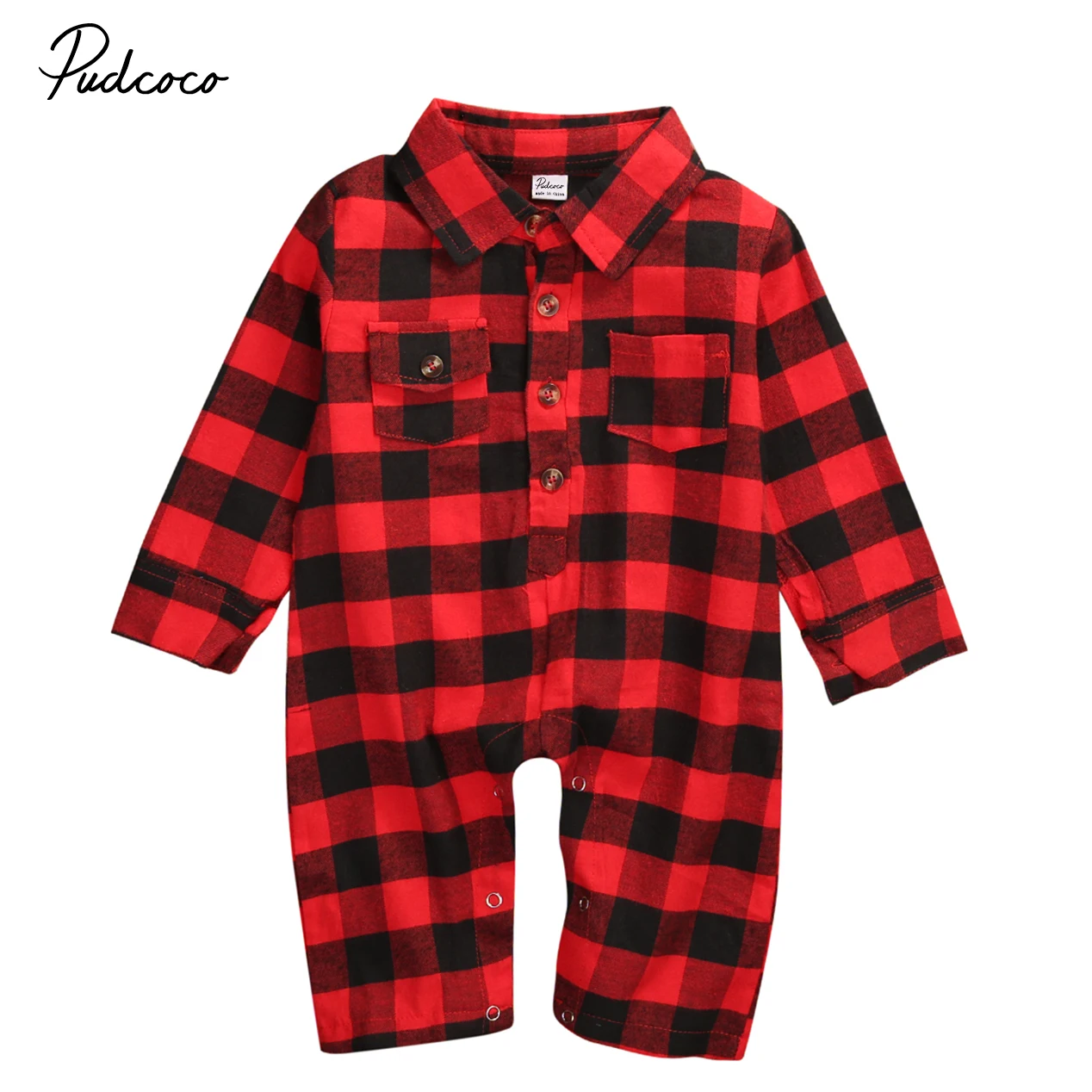

Pudcoco 2018 Newborn Infant Baby Romper Red Plaid Boys Girls Fashion Pocket Clothes Long Sleeve Cotton Jumpsuit