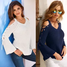 Sexy V Neck Shoulder Strap Female Long Sleeve Pullover Lady's Flare Long Sleeve Lace-up Femme Knitted Sweater 2018
