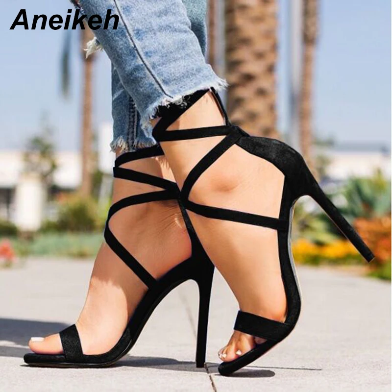 Aneikeh/сандалии Для женщин сандалии на высоком каблуке; летние туфли-лодочки на молнии; гладиаторы; сандалии под платье, для вечеринки с перекрещивающимися ремешками тонкий каблук Дамская обувь