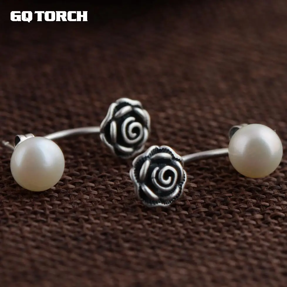 

GQTORCH Real 925 Sterling Silver Pearl Earrings Rose Flower Shaped Natural Freshwater Vintage Style Women Earrings
