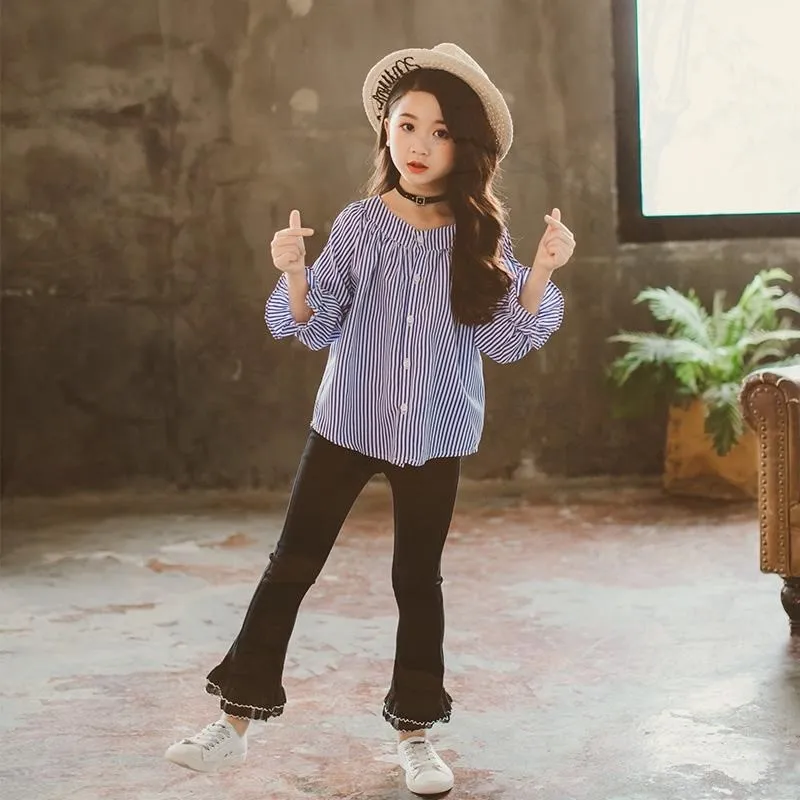 

2019 Girls Striped Clothes Set For Autumn Spring Strapless Shoulder Long Sleeve+Flares Pants Kid School Perform Clothes Set