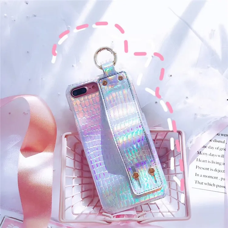 

Cool crocodile grain Laser Phone Case For iphone X Case For iphone 6 6S 7 8 Plus Cover Hard Back Cases Capa With a wrist strap