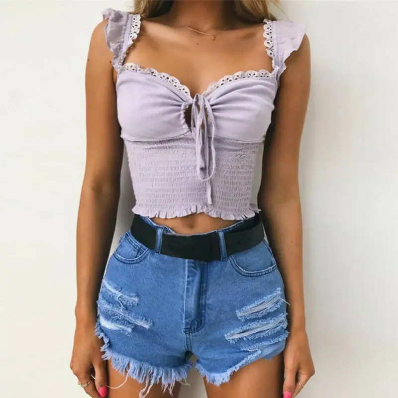 

Women Ruffles Sling Adjusted Neck Lace Up Stretch Crop Top Sexy Vest Fashion Camisole Sleeveless Purple Tank New